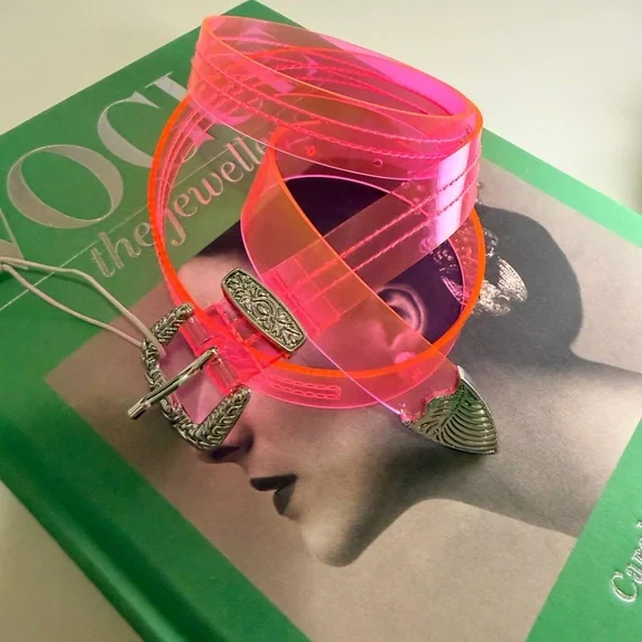 Tibi Neon Western PVC Pink Belt with Silver Accents